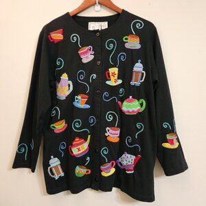 Michael Simon  Coffee Tea Cup Embroidered Cardigan Button Down Women M Wimsy Fun